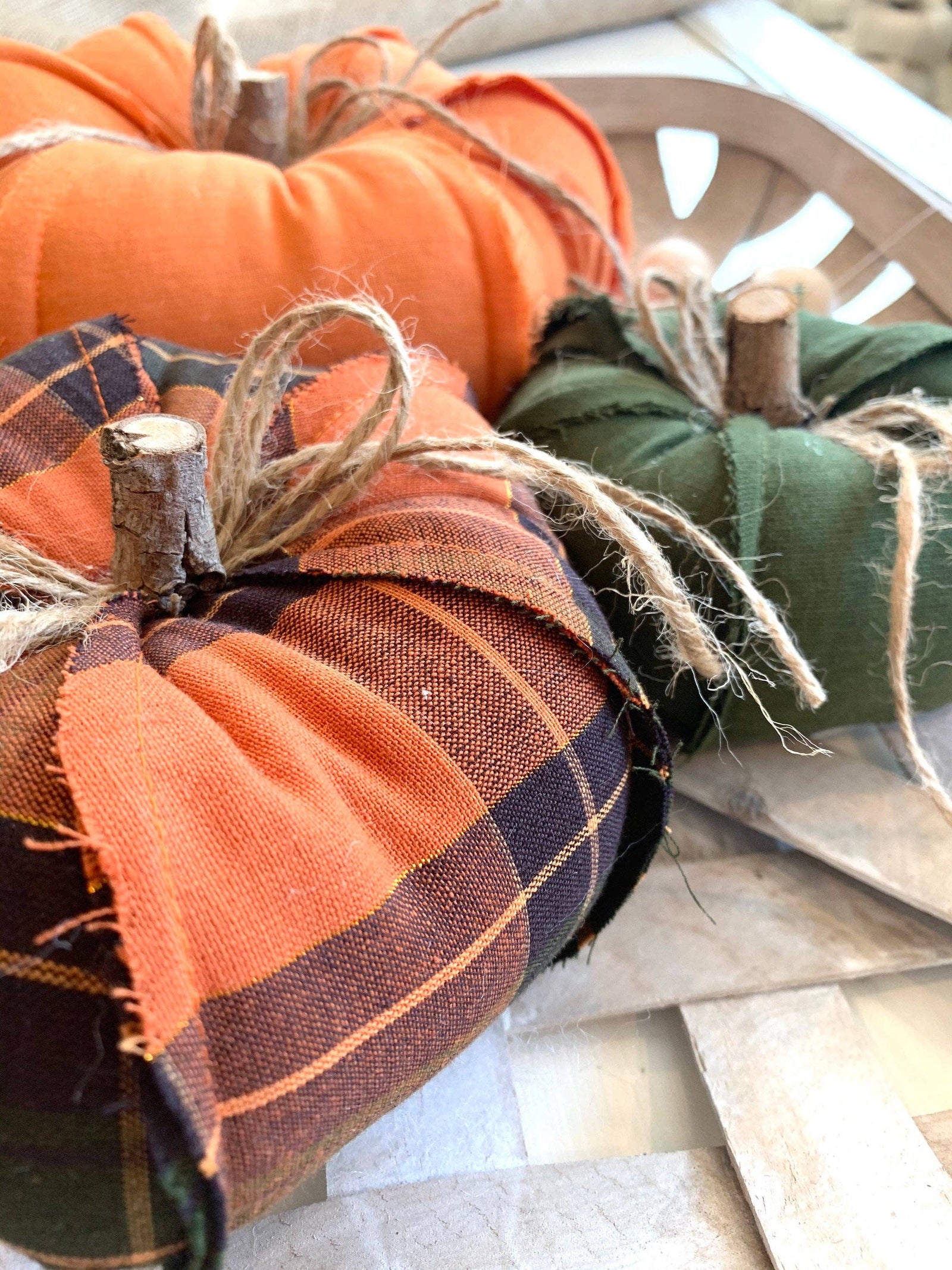 3 Pc. Rustic Plaid Fabric Pumpkin Set