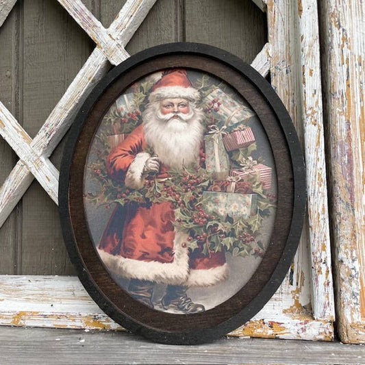 Santa w/ Holly Oval Framed Canvas Print