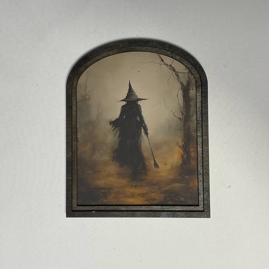 Witch in Forest with Broom in Small Arch Frame