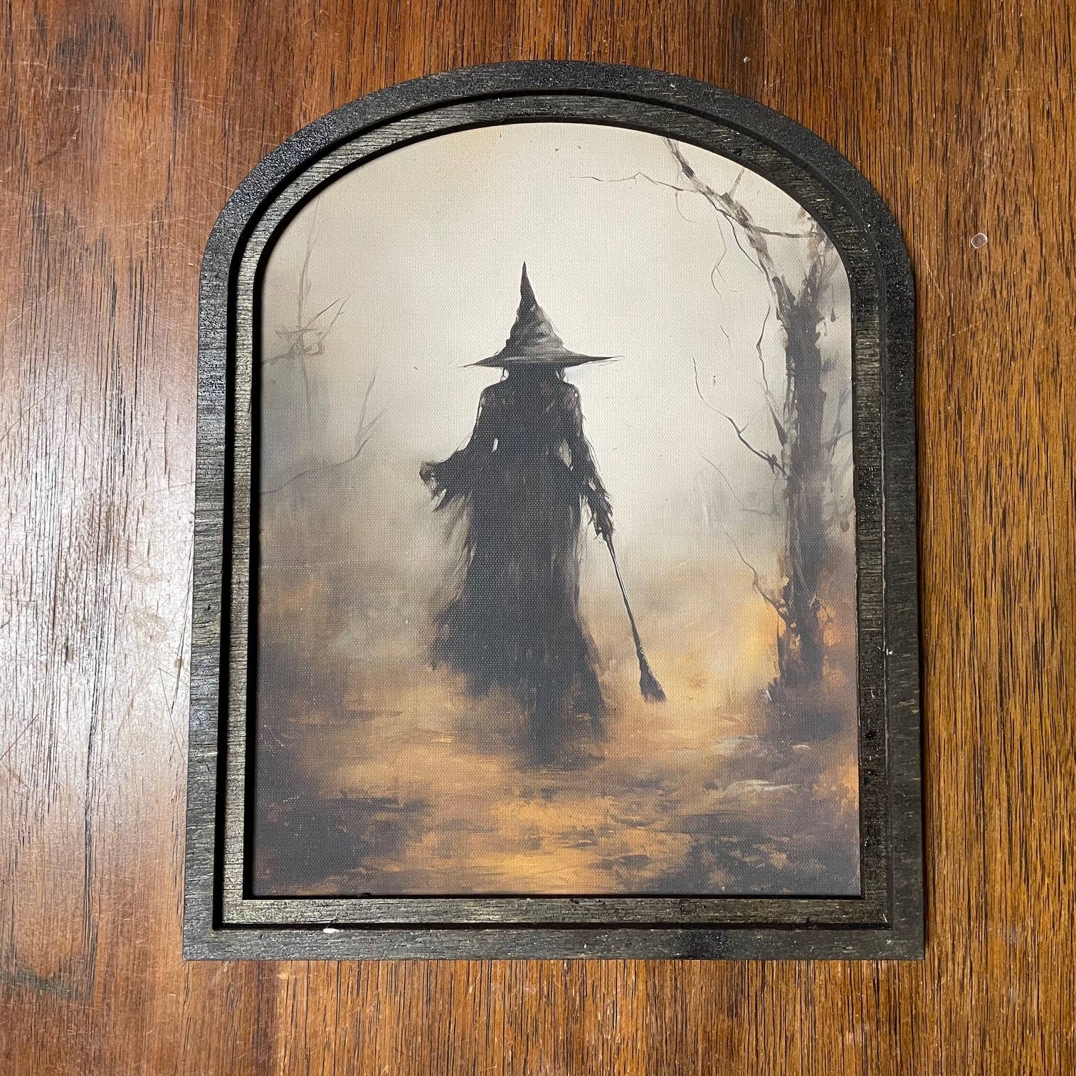 Witch in Forest with Broom in Small Arch Frame