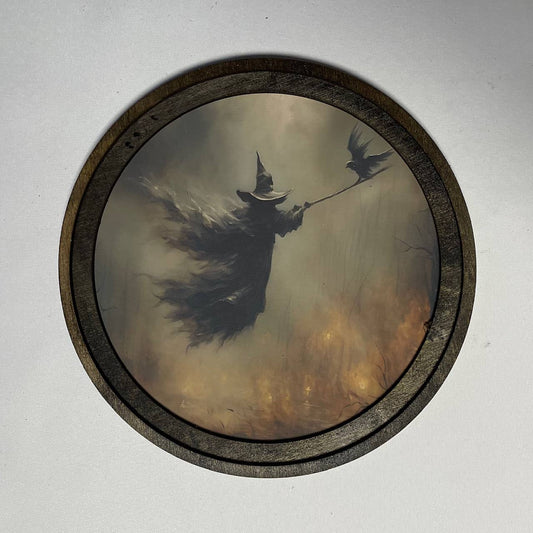 Flying Witch Print in round frame