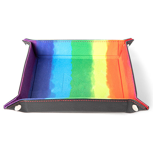 Dice Tray: Velvet Folding Tray with Leather Back - 10" x 10" Watercolor Rainbow