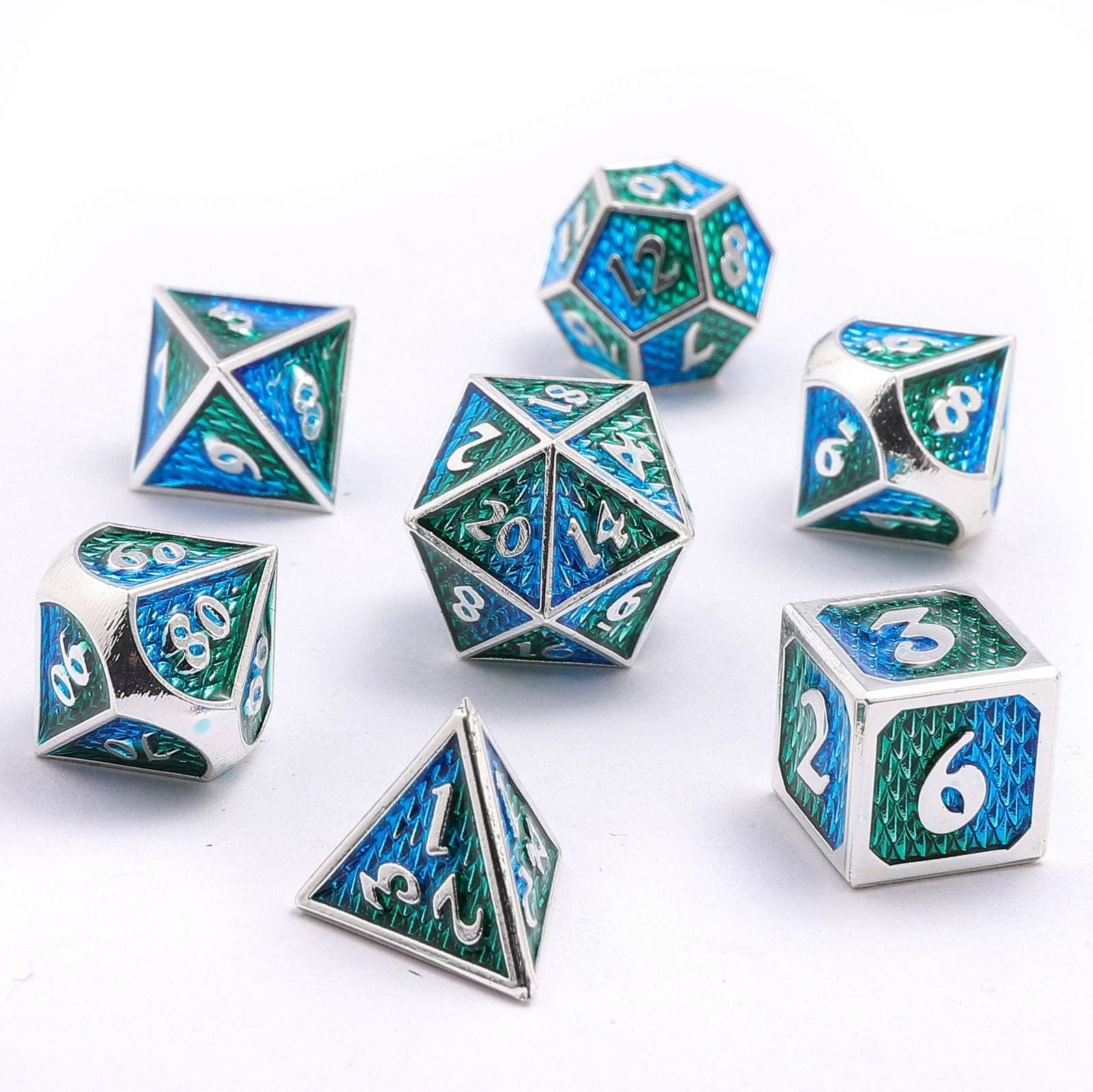 Solid Metal Mini Behemoth Dice set - Silver with Green Blue
