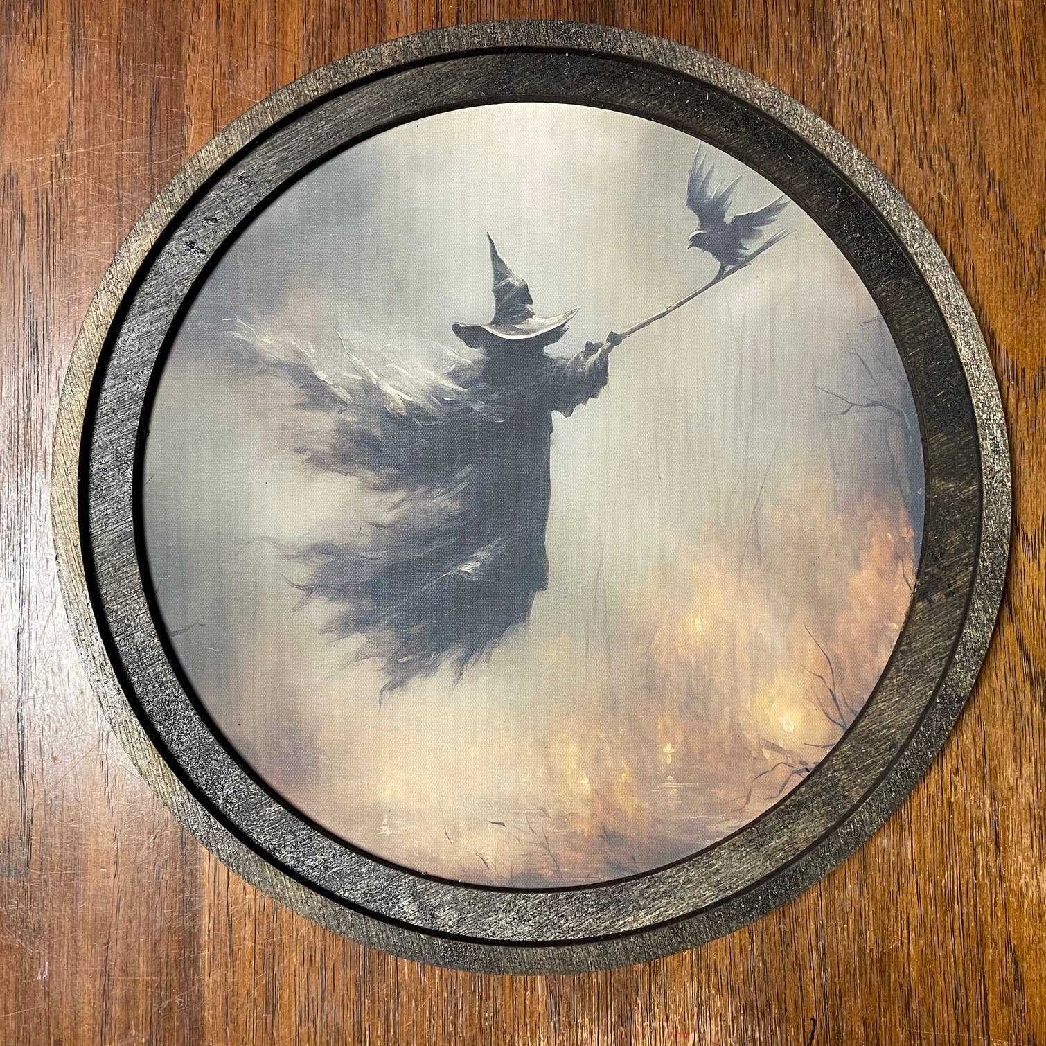 Flying Witch Print in round frame