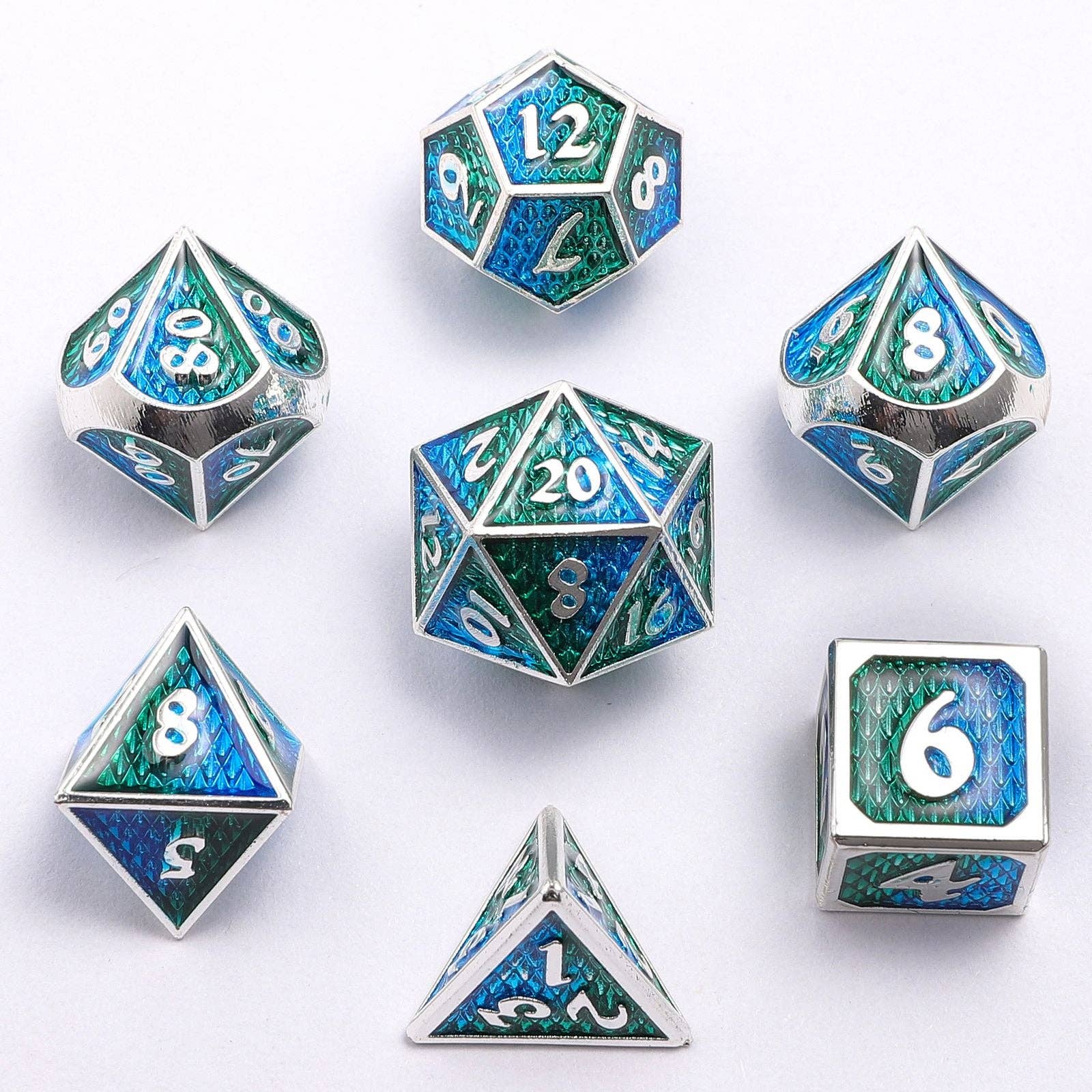 Solid Metal Mini Behemoth Dice set - Silver with Green Blue