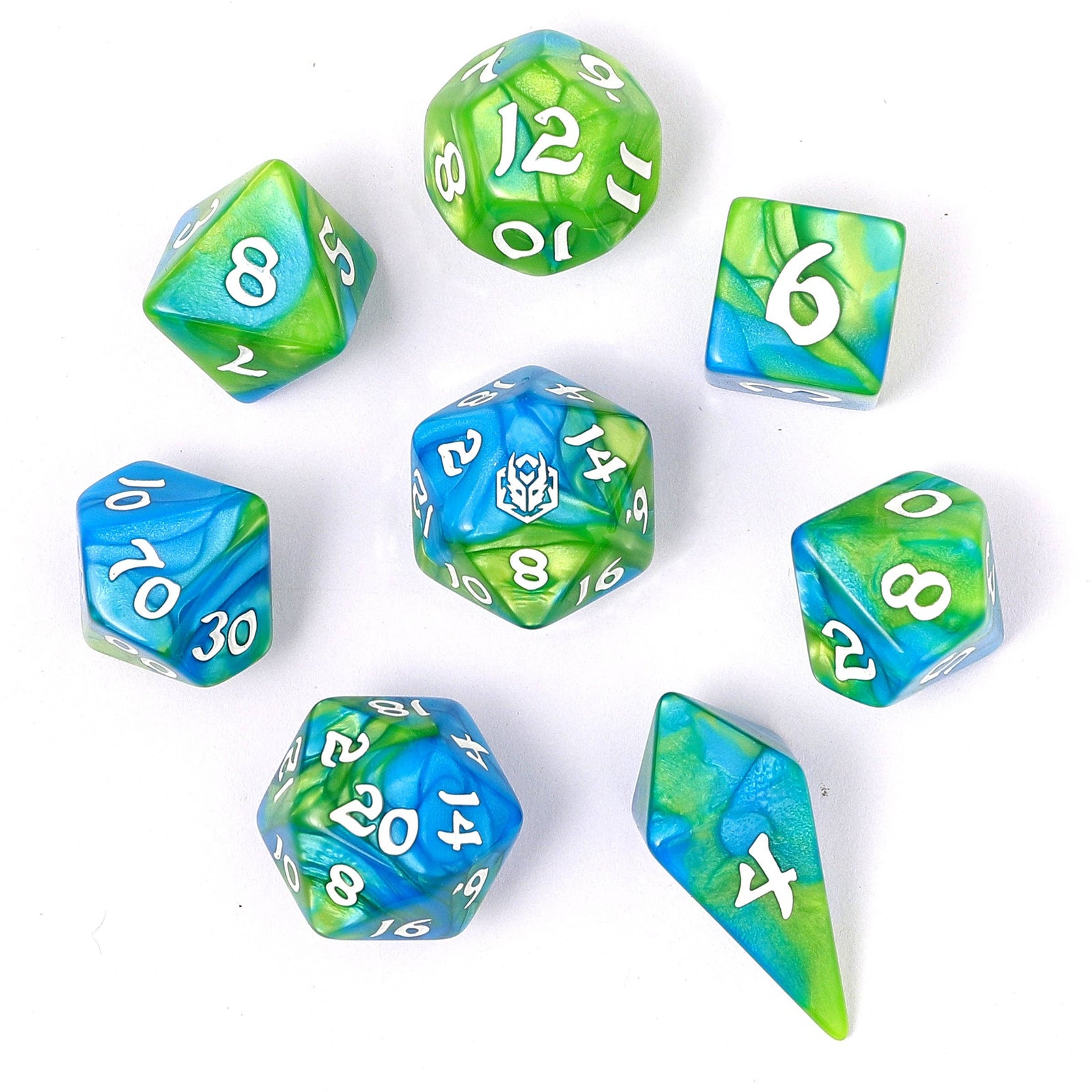 Wyrmforged Rollers - Rounded Edge 8 Piece Polyhedral Dice set - Verdant Stream