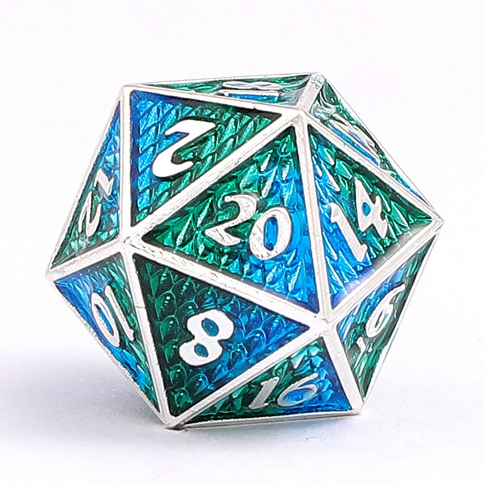 Solid Metal Mini Behemoth Dice set - Silver with Green Blue