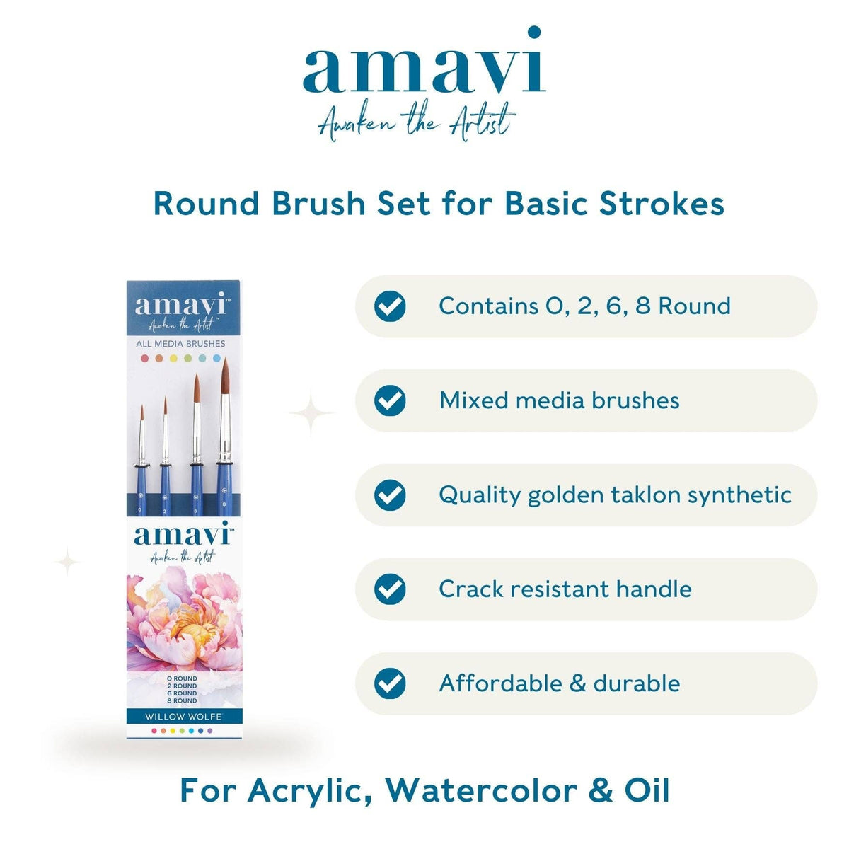 Amavi® Mixed Media Golden Taklon Brushes Set #1